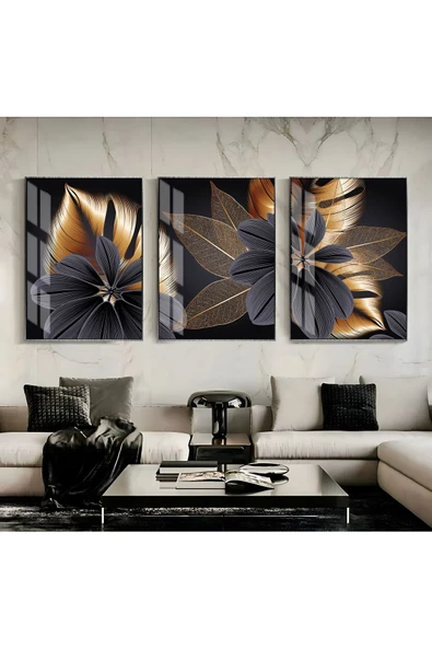 Harikabirev HARİKABİREV|SİYAH-GOLD EN ŞIK ÇİÇEK KOMBİNİ|ÇERÇEVELİ TEMPERLİ CAM TABLO 3LÜ DİKEY ürün görseli