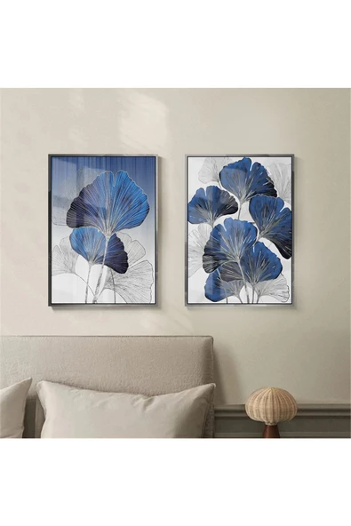 Harikabirev |lacivert-gümüş Kombini Sonsuzluk Çiçekleri|çerçeveli Temperli Cam Tablo 2li Dikey ürün görseli