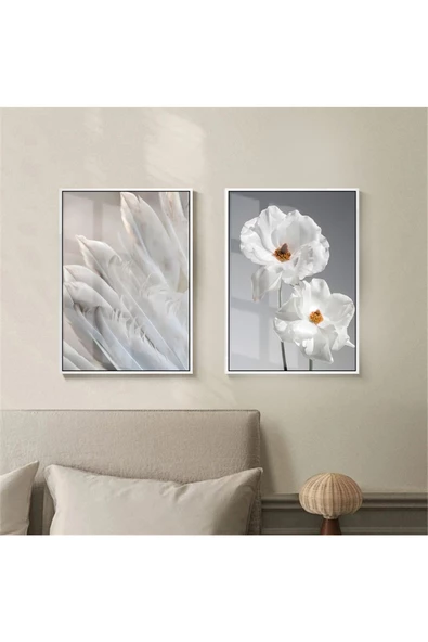 Harikabirev |antrasit Gri Kombini Çiçek Ve Sol |çerçeveli Temperli Cam Tablo 2li Dikey ürün görseli