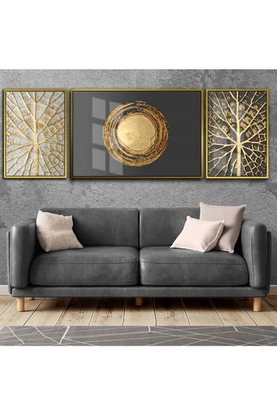Harikabirev |antrasit Gri-gold Kombini Yuvarlak Soyut Kombini|çerçeveli Temperli Cam Tablo 3lü Yatay ürün görseli