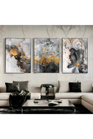 Harikabirev |gri-gold Kombini Soyut Şekiller |çerçeveli Temperli Cam Tablo 3lü Dikey ürün görseli