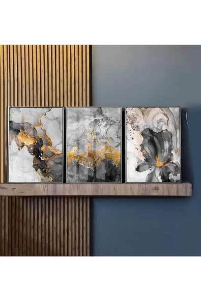 Harikabirev |gri-gold Kombini Soyut Şekiller |çerçeveli Temperli Cam Tablo 3lü Dikey - Resim 2