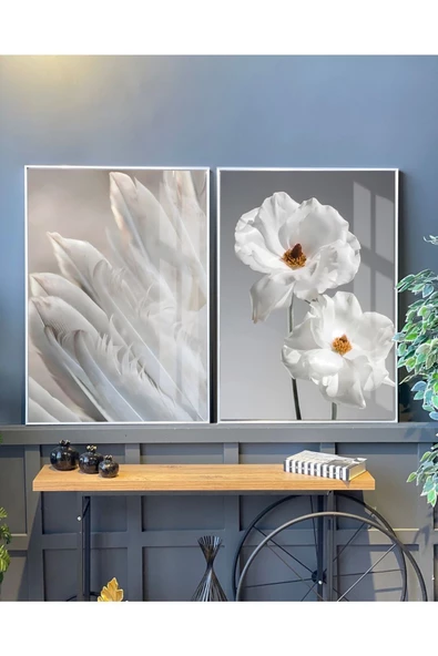 Harikabirev |antrasit Gri Kombini Çiçek Ve Sol |çerçeveli Temperli Cam Tablo 2li Dikey - Resim 2