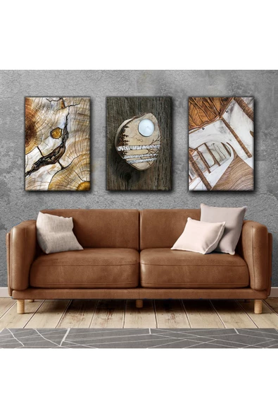 Harikabirev HARİKABİREV|KREM KAHVERENGİ SOFT TAHTA SOYUT KOMBİNİ|3LÜ KANVAS DKYKNVS