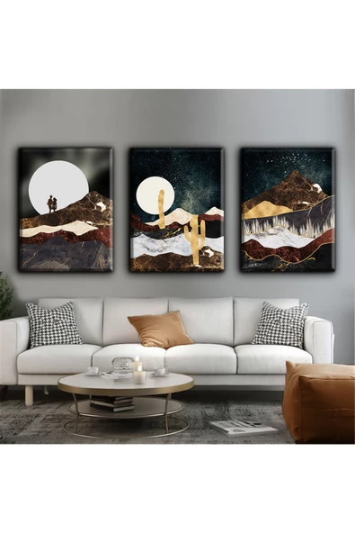 Harikabirev HARİKABİREV|KAHVERENGİ-SİYAH-GOLD SOYUT MANZARA ART|3LÜ KANVAS DKYKNVS