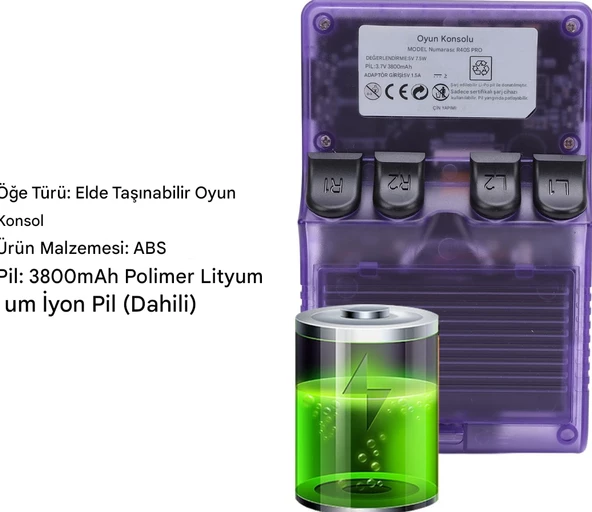 Retro El Oyun Konsolu 3.5 inç IPS HD Ekran  30000 Oyun Desteği 64 GB Hediye (şeffaf mor) - 3