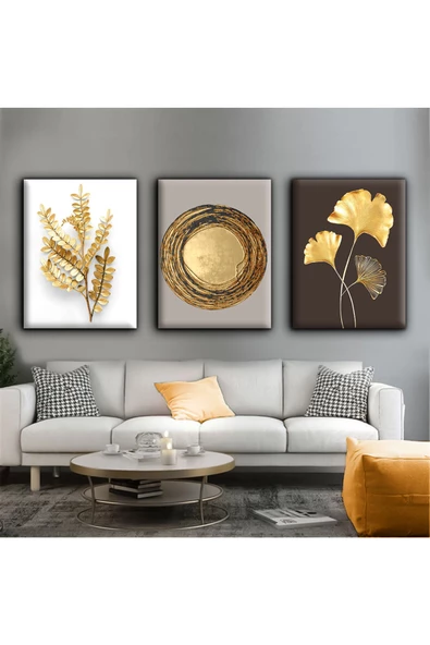 Harikabirev HARİKABİREV|KREM-KAHVERENGİ-GOLD SOFT ÇİÇEK YAPRAK SETİ|3LÜ KANVAS KANVAS TABLO DKYKNVS