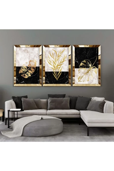 Harikabirev HARİKABİREV|GOLD-SİYAH MERMER DESEN YAPRAK KOMBİNİ|PLEKSİ ÇERÇEVELİ MDF TABLO KRFZ ürün görseli