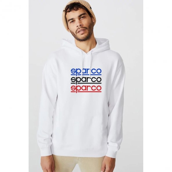 Sparco Logo Mavi Sarı Kırmızı Baskılı Beyaz Erkek Örme Kapşonlu Sweatshirt Uzun kol