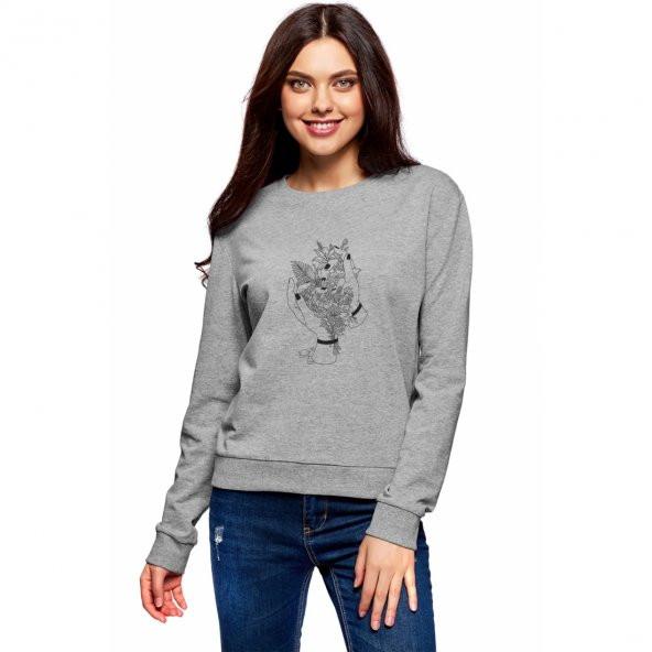 Skull Lockscreen Tumblr Rose Baskılı Gri Kadın Örme Sweatshirt Uzun kol