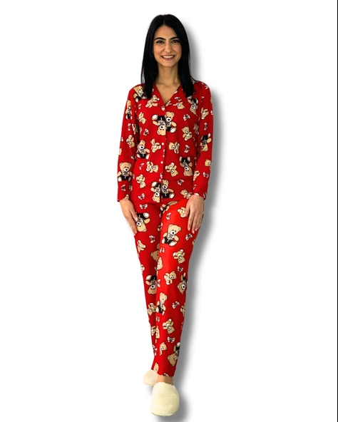 Kadın Teddy Bear Ayıcık Desenli Süet Düğmeli Pijama Takımı (Kırmızı) ürün görseli