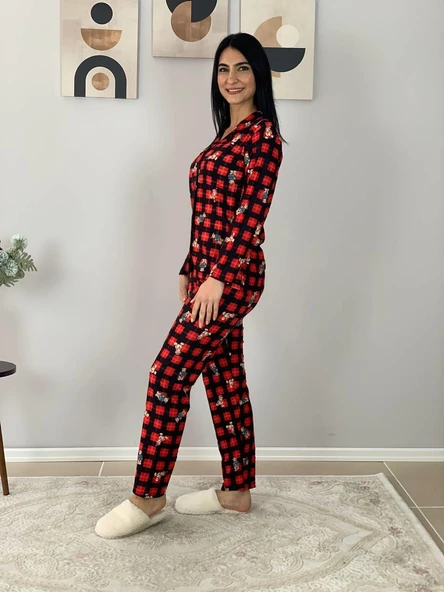 Kadın Teddy Bear Ayıcık Desenli Süet Düğmeli Ekose Pijama Takımı (Siyah) - Resim 4