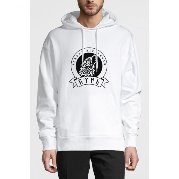 Göktürk Tengri Biz Menen Baskılı Beyaz Erkek Örme Kapşonlu Sweatshirt Uzun kol
