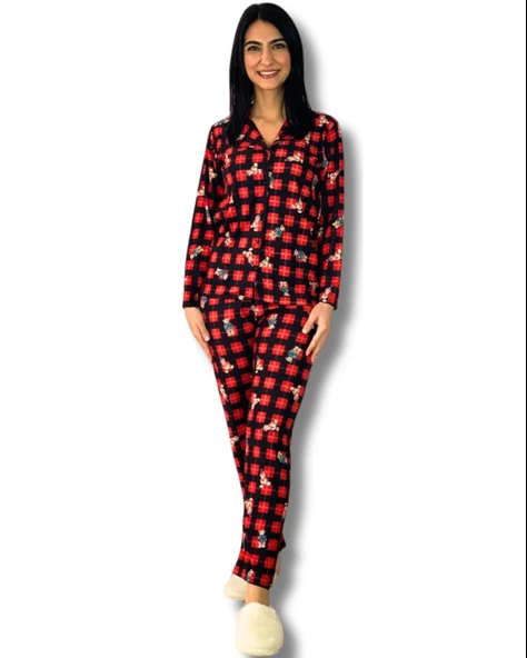 Kadın Teddy Bear Ayıcık Desenli Süet Düğmeli Ekose Pijama Takımı (Siyah)