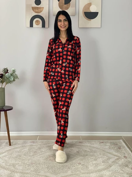 Kadın Teddy Bear Ayıcık Desenli Süet Düğmeli Ekose Pijama Takımı (Siyah) - Resim 2