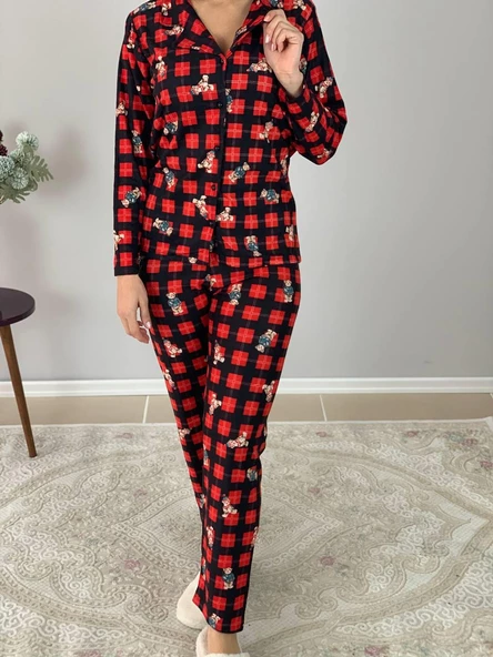 Kadın Teddy Bear Ayıcık Desenli Süet Düğmeli Ekose Pijama Takımı (Siyah) - Resim 3