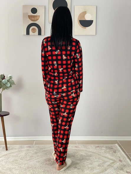 Kadın Teddy Bear Ayıcık Desenli Süet Düğmeli Ekose Pijama Takımı (Siyah) - Resim 5
