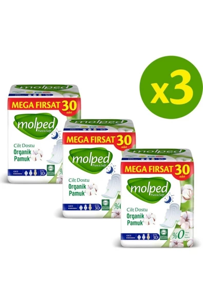 Molped Pure Soft Hijyenik Ped Gece Süper Mega Paket 30 Lu X 3 Adett