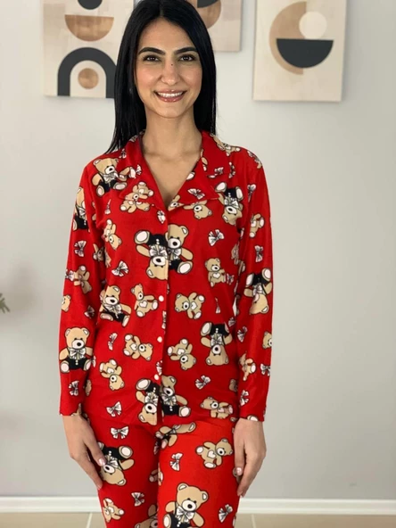 Kadın Teddy Bear Ayıcık Desenli Süet Düğmeli Pijama Takımı (Kırmızı) - Resim 6