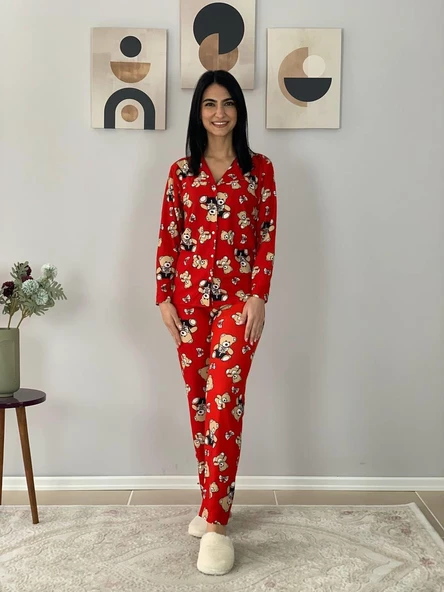 Kadın Teddy Bear Ayıcık Desenli Süet Düğmeli Pijama Takımı (Kırmızı) - Resim 2