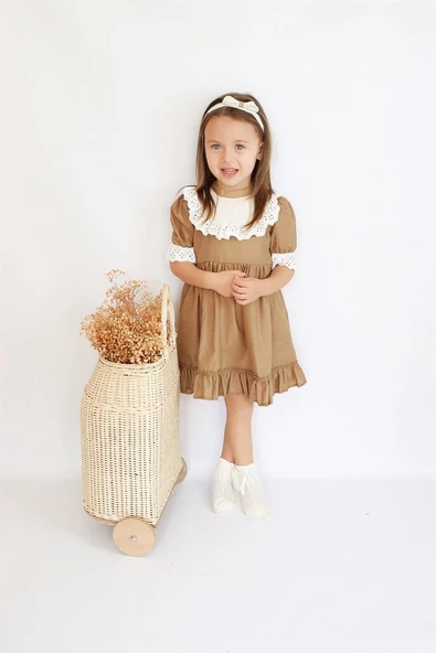 Kız Bebek Ruby Kahverengi Fırfırlı Dantel Detaylı Kısa Kollu Elbise Bandana Takım ELB-0070.16 - Resim 4