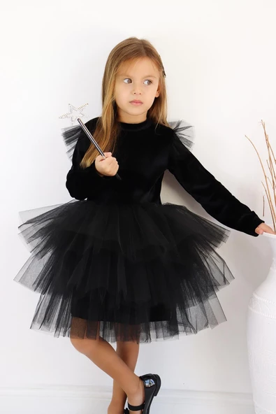 Kız Çocuk Pearly Siyah Uzun Kollu Kadife Tüllü Tütü Yılbaşı Düğün Doğum Günü Parti Elbisesi - Resim 6