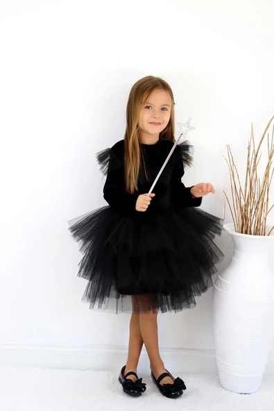 Kız Çocuk Pearly Siyah Uzun Kollu Kadife Tüllü Tütü Yılbaşı Düğün Doğum Günü Parti Elbisesi - Resim 2