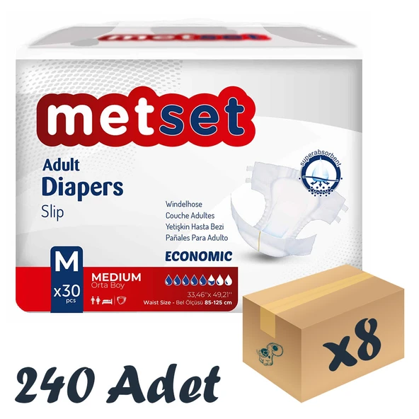 Metset Ekonomik Bel Bantlı Yetişkin Hasta Bezi 5,5 Damla Medium Orta Boy M Beden 30'lu 8 Paket 240 Adet