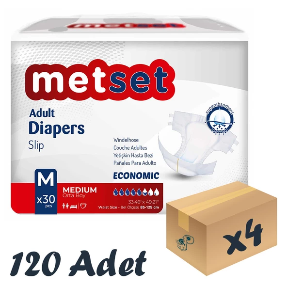 Metset Ekonomik Bel Bantlı Yetişkin Hasta Bezi 5,5 Damla Medium Orta Boy M Beden 30'lu 4 Paket 120 Adet