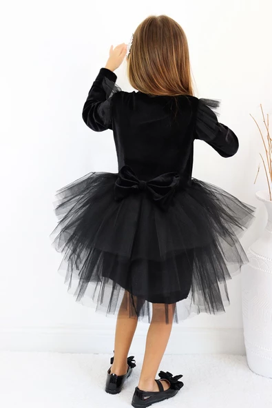 Kız Çocuk Pearly Siyah Uzun Kollu Kadife Tüllü Tütü Yılbaşı Düğün Doğum Günü Parti Elbisesi - Resim 7