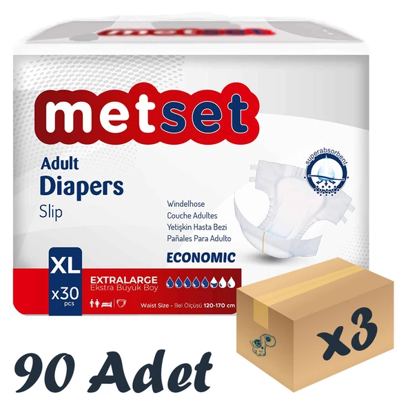 Metset Ekonomik Bel Bantlı Yetişkin Hasta Bezi 5,5 Damla XLarge En Büyük Boy XL Beden 30'lu 3 Paket 90 Adet