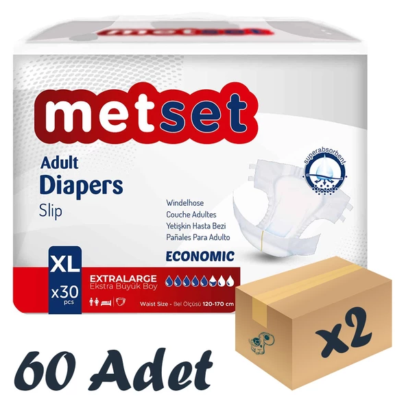 Metset Ekonomik Bel Bantlı Yetişkin Hasta Bezi 5,5 Damla XLarge En Büyük Boy XL Beden 30'lu 2 Paket 60 Adet