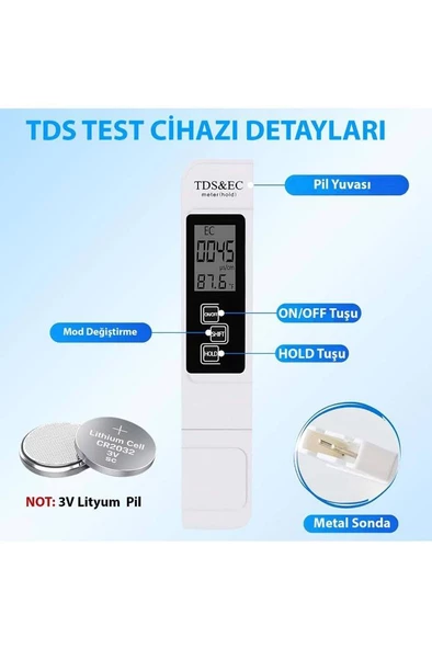 Alfalink Dijital TDS ve EC Termometreli Su Kalite ve iletkenlik Ölçüm Cihazı pH Değeri Sıcaklık - Resim 3