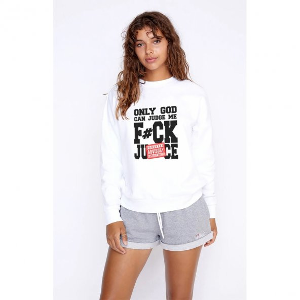 Only God Can Judge Me Fck Ju Ce Baskılı Beyaz Kadın Örme Sweatshirt Uzun kol