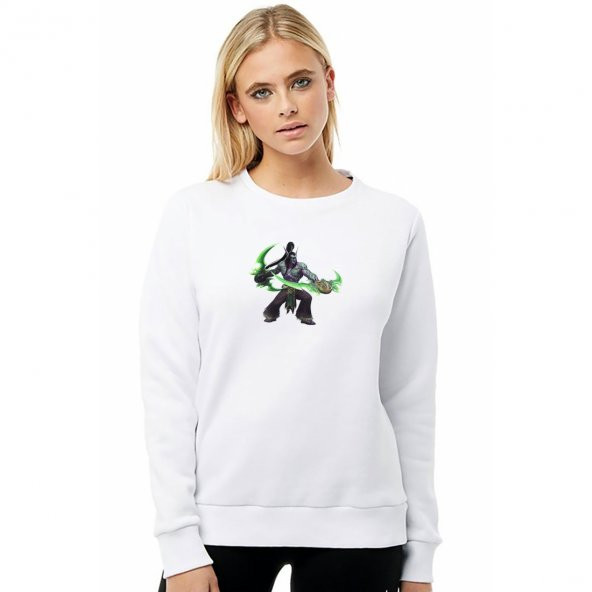 World Of Warcraft Illidan Stormrage 2 Baskılı Beyaz Kadın Örme Sweatshirt Uzun kol