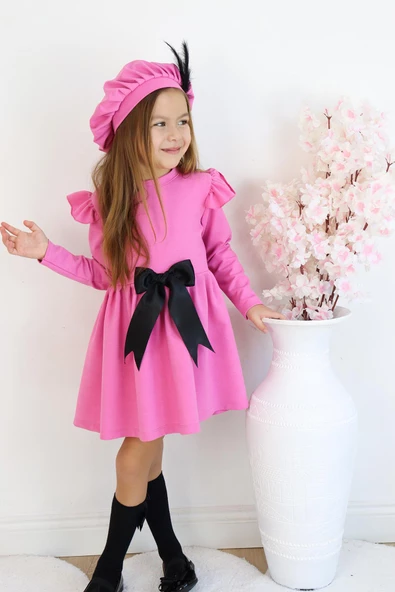 Kız Çocuk Pembe Sofia Pamuklu Fiyonk Detaylı Elbise Kep Abiye Takım - Resim 2