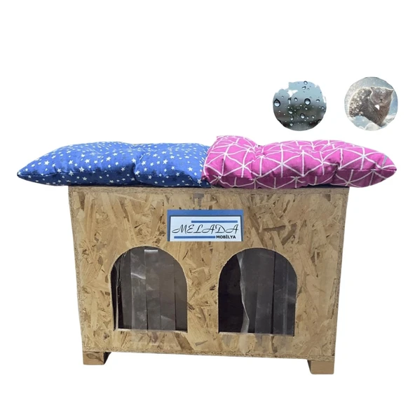 Reyo Kedi Evi Dış Ortam Uygun Ahşap Kedi Evi Double OSB Minderli 61x41x36 cm