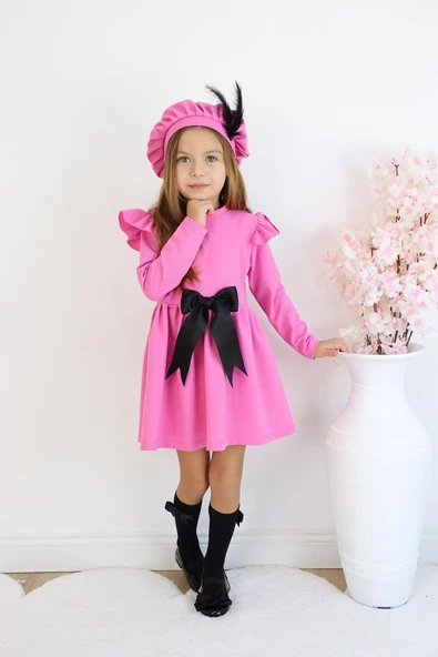 Kız Çocuk Pembe Sofia Pamuklu Fiyonk Detaylı Elbise Kep Abiye Takım - Resim 6