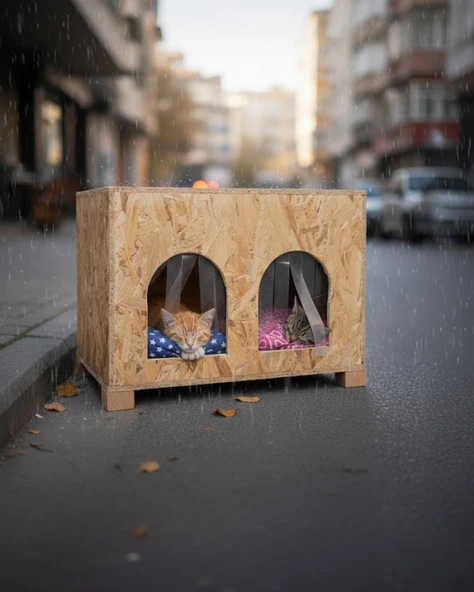 Reyo Kedi Evi Dış Ortam Uygun Ahşap Kedi Evi Double OSB Minderli 61x41x36 cm - CAT51M - Resim 2