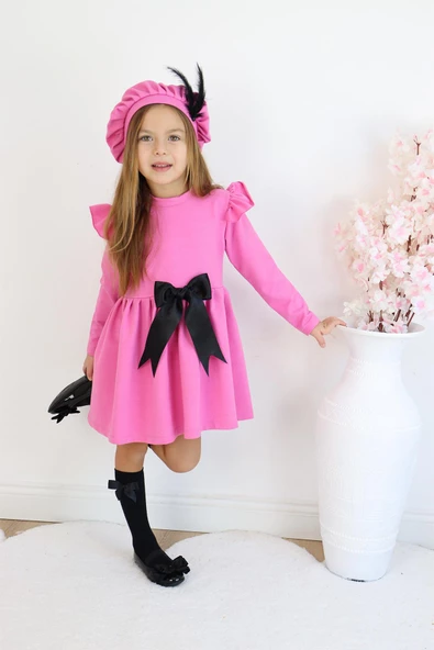 Kız Çocuk Pembe Sofia Pamuklu Fiyonk Detaylı Elbise Kep Abiye Takım - Resim 7