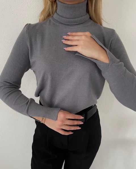 Kadın Boğazlı Kazak Gri - Resim 2