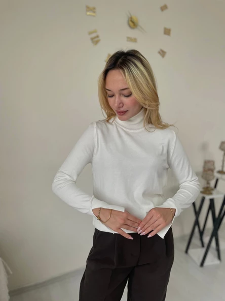 Kadın Boğazlı Kazak Ekru - Resim 3