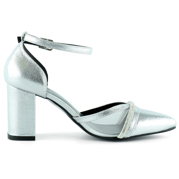 Erkan Saçmacı Molly Lame Taşlı Fileli Kalın Topuklu Ayakkabı - Resim 2