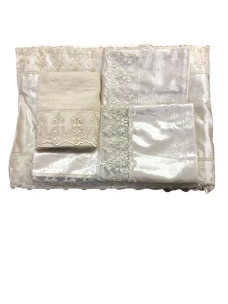 Dantelli Lüx Kadife Seccade Takımı 4 Parça Çeyizlik Bohça Gelin Seti - 6