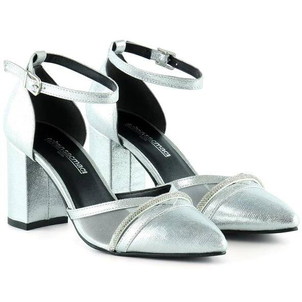 Erkan Saçmacı Molly Lame Taşlı Fileli Kalın Topuklu Ayakkabı - Resim 4