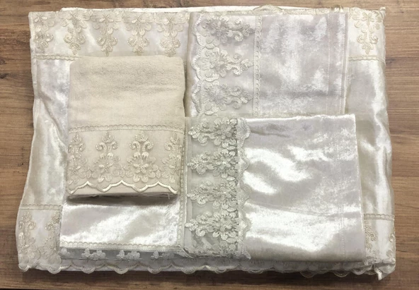 Dantelli Lüx Kadife Seccade Takımı 4 Parça Çeyizlik Bohça Gelin Seti - 7