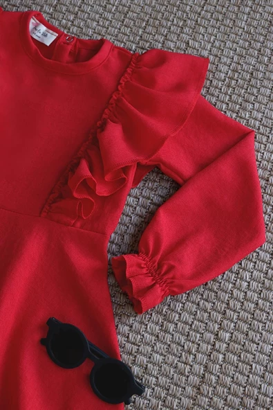 Kız Çocuk Catherine Kırmızı Fiyonklu Fırfırlı Uzun Kol Keten 23 Nisan 29 Ekim Gösteri Elbisesi - Resim 10