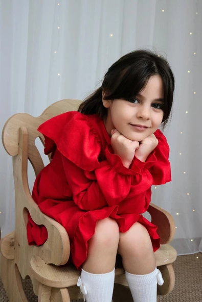 Kız Çocuk Catherine Kırmızı Fiyonklu Fırfırlı Uzun Kol Keten 23 Nisan 29 Ekim Gösteri Elbisesi - Resim 6