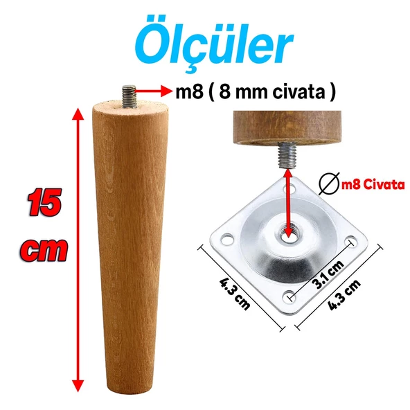 4'lü Set Ahşap 15 cm Mobilya Koltuk Kanepe Sehpa Masa Ayağı Ayakları M8 Civatalı Bağlantı Aparatlı - 10