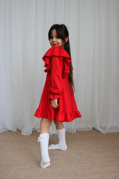 Kız Çocuk Catherine Kırmızı Fiyonklu Fırfırlı Uzun Kol Keten 23 Nisan 29 Ekim Gösteri Elbisesi - Resim 5